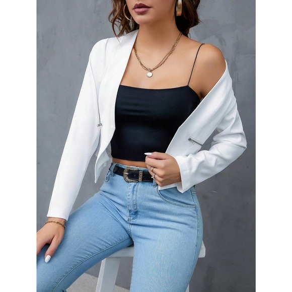 🌟 minimalist business casual Zip Detail Open Front Cropped Blazer jacket - Picture 4 of 8